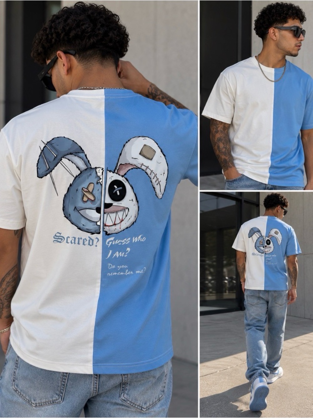 Split Blue & White Creepy Rabbit Graphic T-Shirt |Y2K Streetwear L